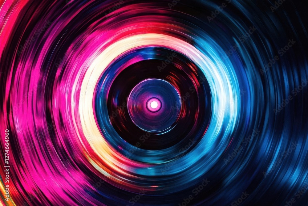 dynamic spiral pattern of vibrant paint swirls merging into vinyl record shape, neon colors against dark background, digital art style dynamic spiral pattern of vibrant paint swirls merging into vinyl record shape, neon colors against dark background, digital art style