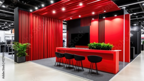 Modern trade show booth with red and black design, bar counter, seating area