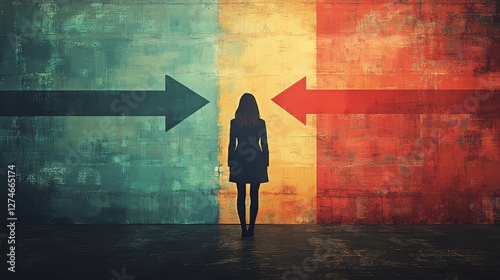 Silhouette of business woman standing in front of an arrow pointing to the right direction