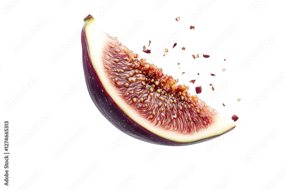 A beautifully sliced fig floating gracefully in the air, showcasing its vibrant interior details isolated on transparent background