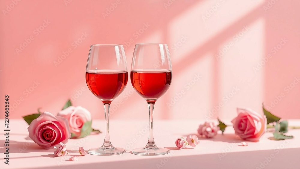 Elegant display of rose wine and glass on a soft pink background in natural light Elegant display of rose wine and glass on a soft pink background in natural light