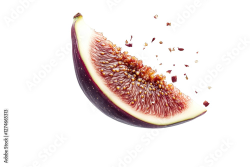 A beautifully sliced fig floating gracefully in the air, showcasing its vibrant interior details isolated on transparent background