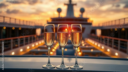 Elegance of champagne glasses glistening in fading light over deck of luxury cruise ship as sun bega photo