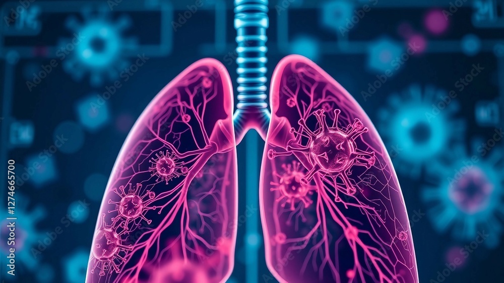 Human metapneumovirus HMPV with blueprint of lungs and virus in the background a respiratory virus cHuman metapneumovirus HMPV with blueprint of lungs and virus in the background a respiratory virus c