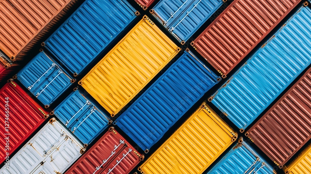 Fototapeta premium Global shipping containers arrangement logistics hub aerial view industrial environment vibrant colors