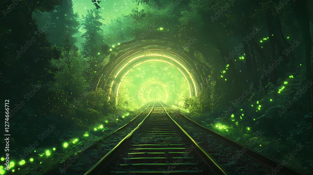 A green forest with a train track running through it. the train track is lit up with neon lights, creating a surreal and otherworldly atmosphere. Otherworldly Light Bridges. Illustration A green forest with a train track running through it. the train track is lit up with neon lights, creating a surreal and otherworldly atmosphere. Otherworldly Light Bridges. Illustration