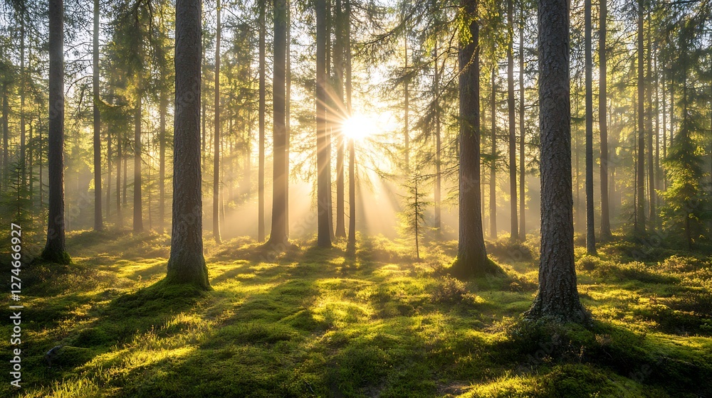 Fototapeta premium Sunlit Forest With Mossy Ground And Tall Trees