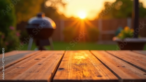 A wooden table is set against a blurred backyard with a sunset and grill. Concept of outdoor grilling.