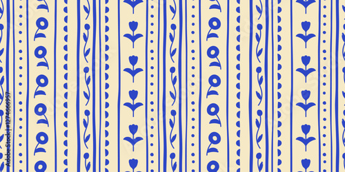 Vintage blue flower art seamless pattern illustration. Retro nature floral background in hand drawn style. Spring season decoration texture, nature textile drawing print.