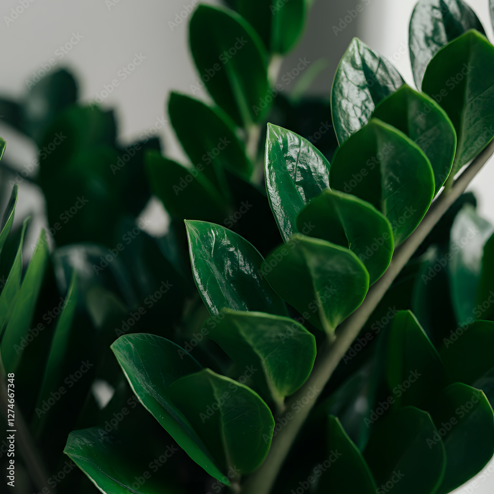 Obraz premium Detailed macro view of glossy zamioculcas zamiifolia leaves showing vivid green texture natural curves veins close up zz plant