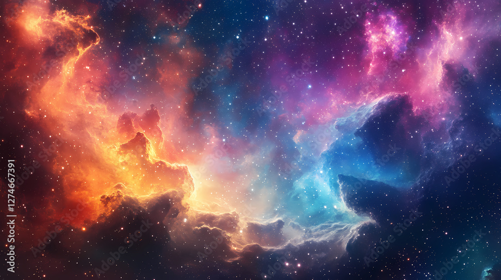 Naklejka premium Celestial bridge: a breathtaking, otherworldly bridge of light and energy spans a cosmic chasm, connecting fantastical landscapes amidst a vibrant nebula. Otherworldly Light Bridges. Illustration