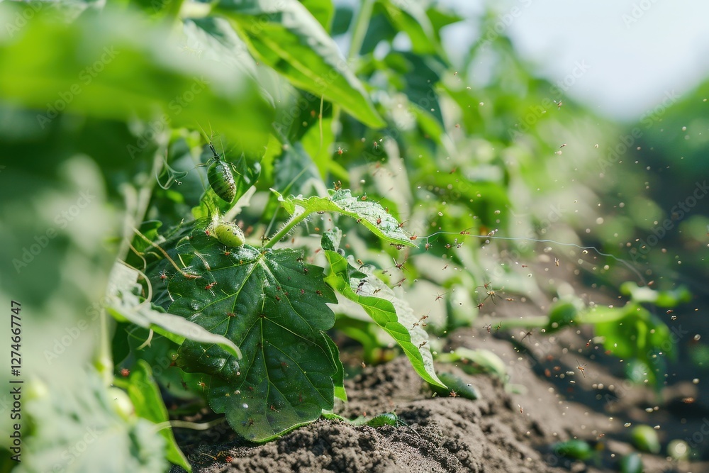 Fototapeta premium Swarm of brightly colored beetles feeding on lush green leaves in a vibrant garden during sunny afternoon