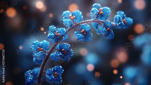 A close-up of vivid blue flowers glistening with dewdrops in a magical bokeh background, capturing the enchanting beauty of nature in tranquility