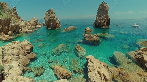 Spectacular Coastal Landscape Featuring Crystal Clear Waters and Rugged Rocky Formations Under a Bright Blue Sky in a Picturesque Seaside Setting