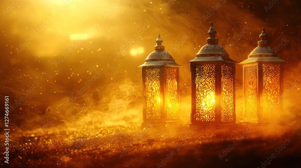 Fototapeta premium Golden lanterns glow at sunset, mystical scene, Ramadan