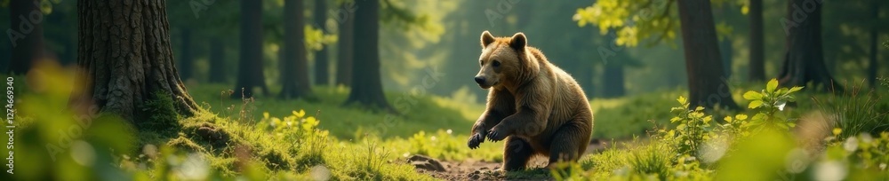 Fototapeta premium Brown bear standing on forest ground with paws spread wide, fur, nature