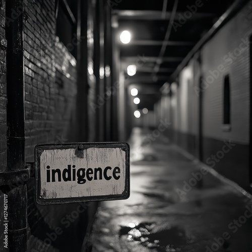 A Dimly Lit Narrow Alleyway with an Aged Signboard Reading 