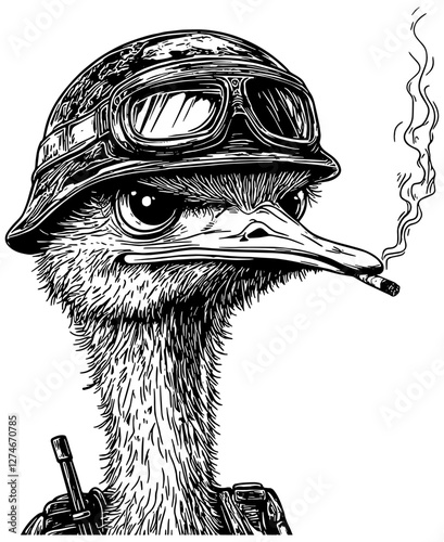 Cartoon angry Ostrich wearing a helmet, goggles and smoking a cigarette, in black, isolated. 