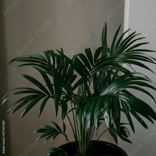 Chamaedorea elegans parlor palm houseplant with dark green glossy leaves in moody light modern interior detail