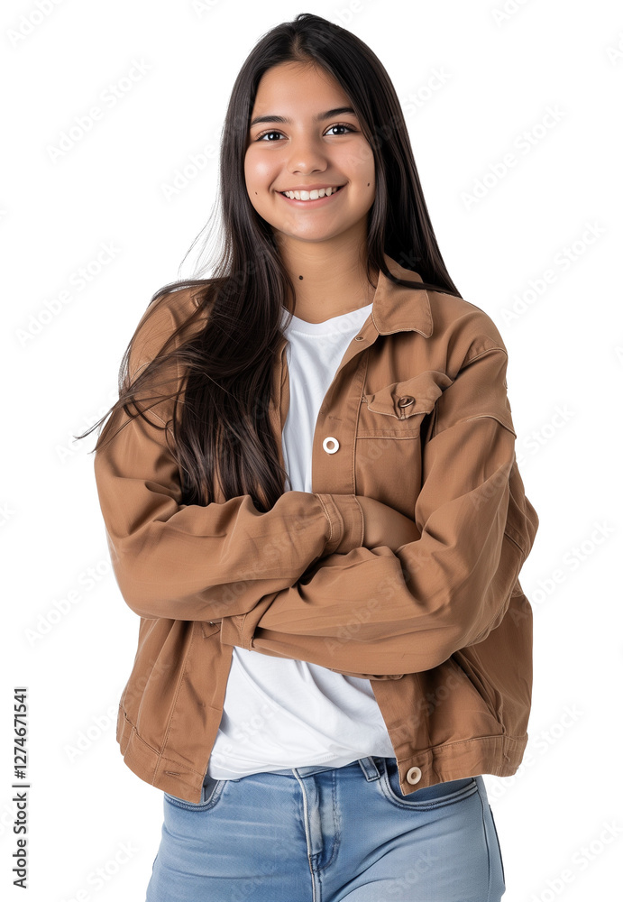 Obraz premium Little kid girl 12,13, 14 years old on transparent background. Children studio portrait. Emotional kids face. Happy teenager, positive and smiling emotions of teen girl