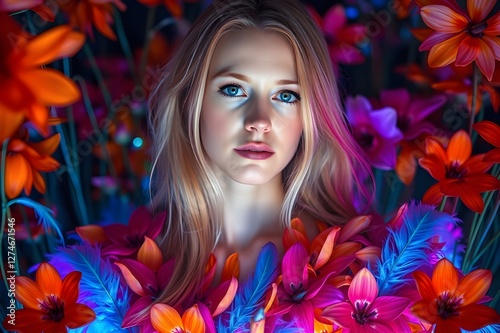 Behold, a wondrous and ethereal tableau unfolds before your very eyes - a mystical woodland, resplendent with resplendent hues, luminescent flora, and otherworldly beings photo