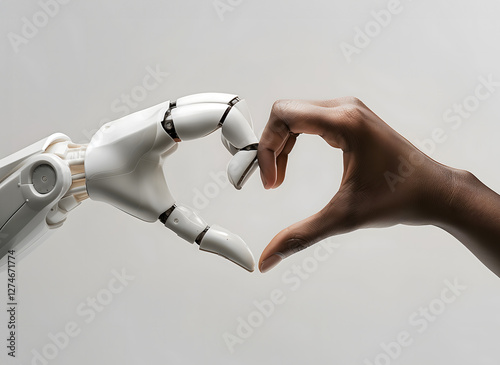 A white ai robot hand and a black human hand come together to form the shape of a heart. Heart shaped by human and ai robot hands. Isolated on light grey background.
