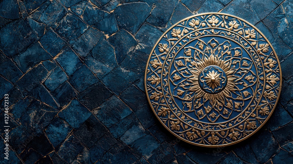 Obraz premium Ornate blue and gold shield on stone background; decorative design; website banner