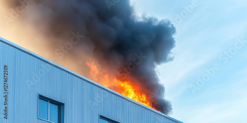 Fire at a manufacturing facility. Exterior of a warehouse or factory with black smoke from the flames. Responsibility for fire safety in the manufacturing industry.
