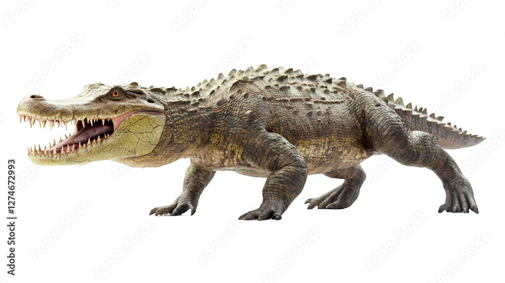 Naklejka premium Powerful 3D alligator rendering, walking confidently with predatory stance, transparent backdrop showcasing reptilian detail and strength