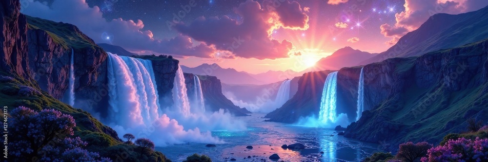 Naklejka premium Celestial landscape with shimmering holographic waterfalls and sparkling starlight, waterfalls, shimmering, celestial
