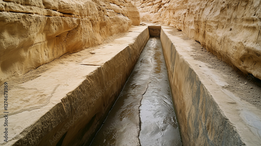An ancient water channel carved into the sandstone, showing advanced Nabatean engineering An ancient water channel carved into the sandstone, showing advanced Nabatean engineering
