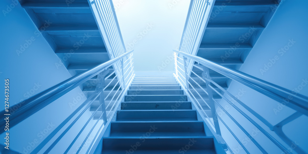Naklejka premium Modern empty Stairwell fire escape in a modern building. Stairs inside a multi-storey new building for fire evacuation, safety.