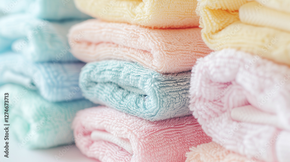 Stack of colorful towels in soft pastel shades for bathroom decor Stack of colorful towels in soft pastel shades for bathroom decor