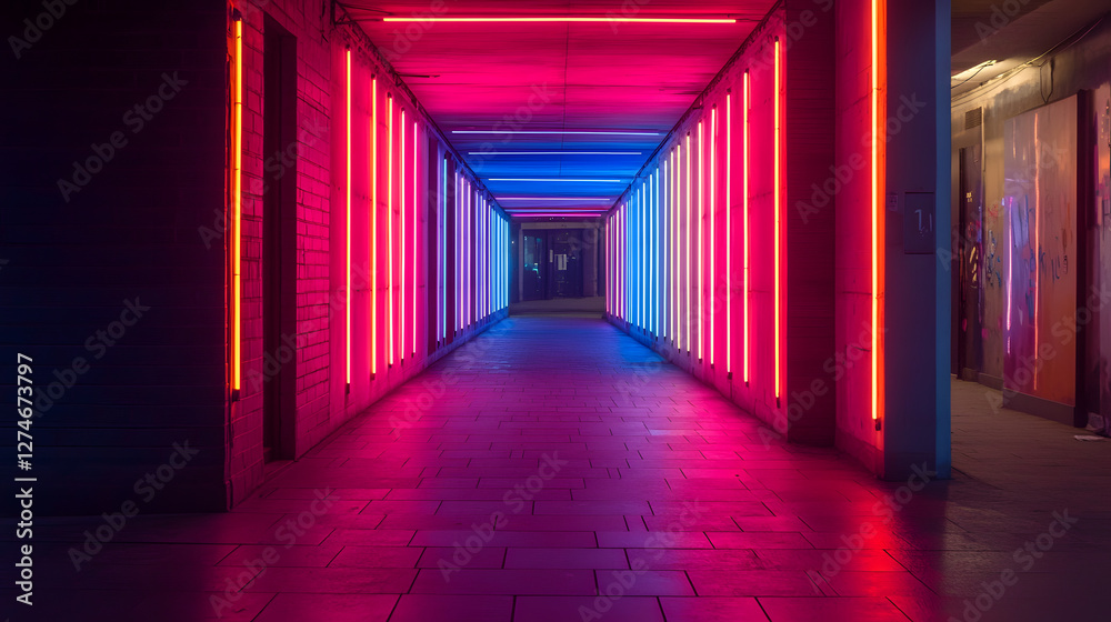 Neon Tunnel: Futuristic hallway bathed in vibrant neon lights. This image showcases a mesmerizing display of colors and architectural design, creating a captivating and modern scene. Neon Tunnel: Futuristic hallway bathed in vibrant neon lights. This image showcases a mesmerizing display of colors and architectural design, creating a captivating and modern scene.