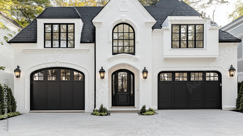 Elegant black and white modern home exterior with double garage