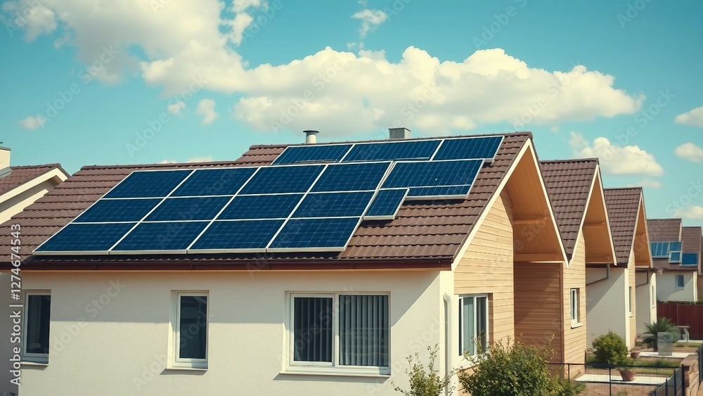 Newly constructed homes with solar panels on the roof under a bright sky A close up of a brand new Newly constructed homes with solar panels on the roof under a bright sky A close up of a brand new