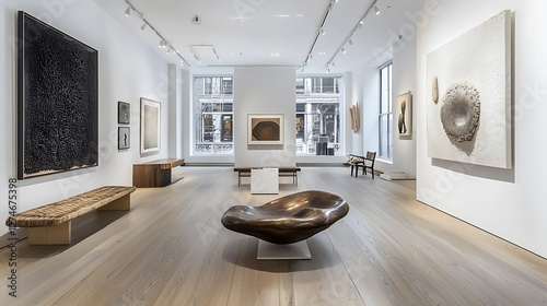 A sophisticated art gallery with white walls, polished floors, and elegant lighting, highlighting contemporary artworks in a minimalist setting