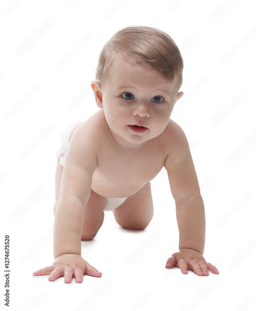 Cute little baby in diaper on white background Cute little baby in diaper on white background