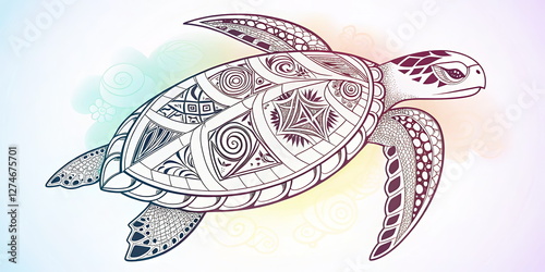 Intricate Sea Turtle Tattoo Design with Geometric Patterns and Pastel Gradient Background