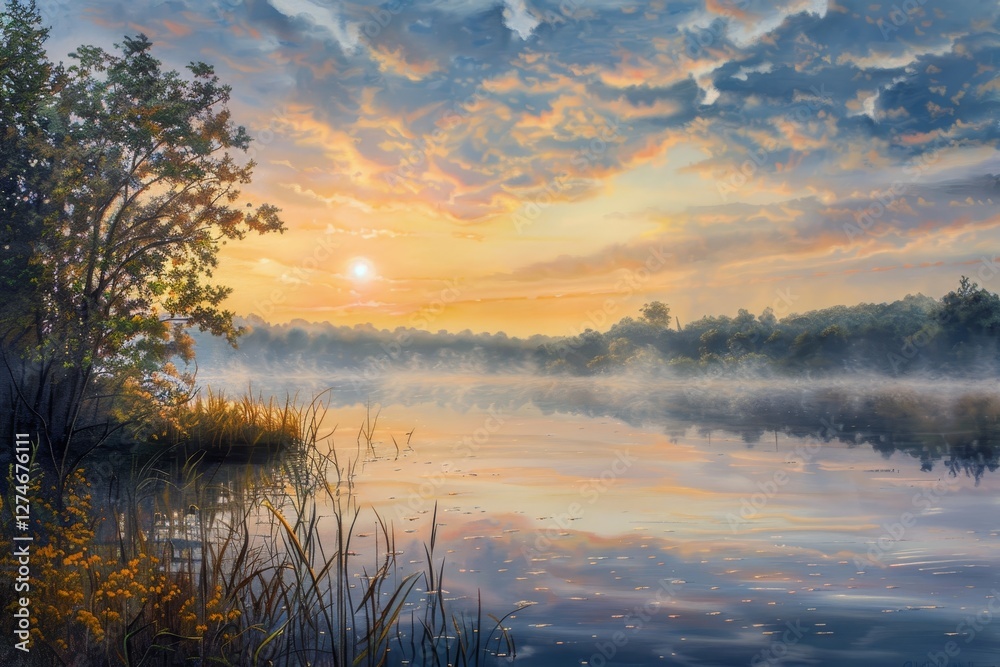 Fototapeta premium Breathtaking sunset view over a tranquil lake with a wooden bench beneath a sprawling tree in a serene landscape