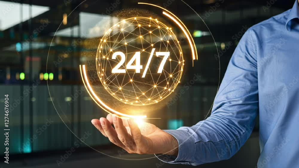 Glowing 24/7 digital clock hologram in hand representing non stop service customer support and online business availability