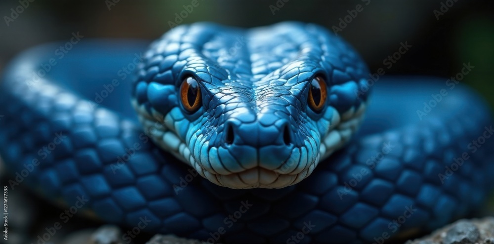 Close-up image of blue viper snake's facial features with piercing gaze, nature, blue viper snake, reptile Close-up image of blue viper snake's facial features with piercing gaze, nature, blue viper snake, reptile