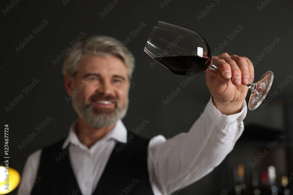 Professional sommelier analyzing quality of red wine indoors, selective focus Professional sommelier analyzing quality of red wine indoors, selective focus
