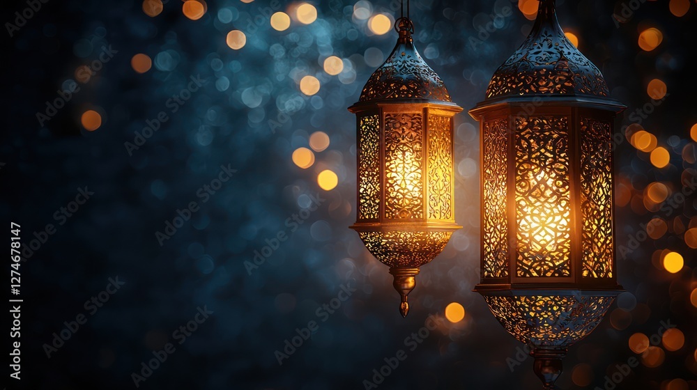 Illuminated lanterns, Ramadan celebration, bokeh background, greeting card Illuminated lanterns, Ramadan celebration, bokeh background, greeting card
