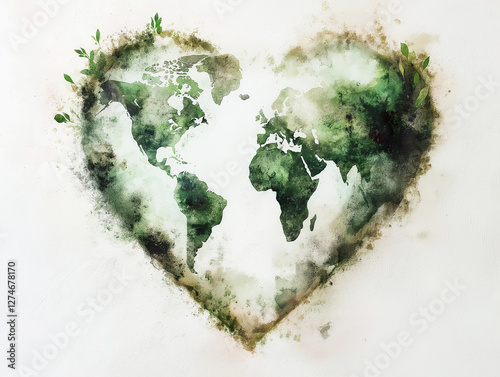 A heart-shaped watercolor illustration of the Earth with green tones and natural textures