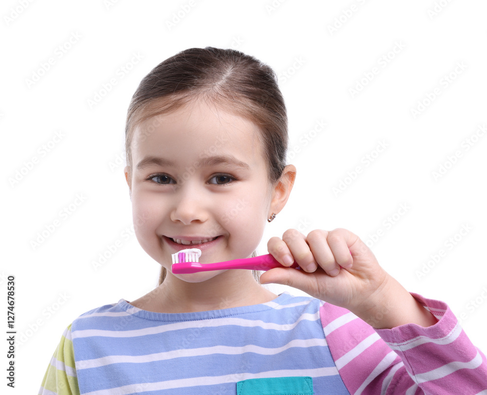Cute girl brushing her teeth on white background Cute girl brushing her teeth on white background