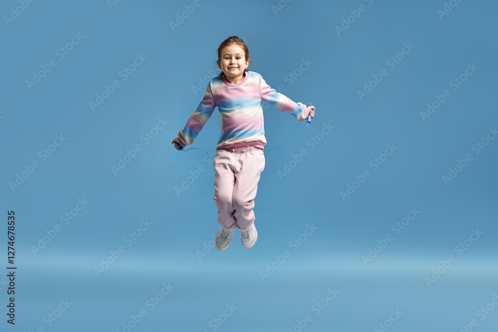 Cute little girl with jump rope on light blue background