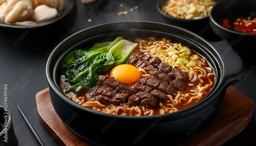Fresh steaming beef ramen noodle soup serving with egg and pak choi, close up. Fresh steaming beef ramen noodle soup serving with egg and pak choi, close up.