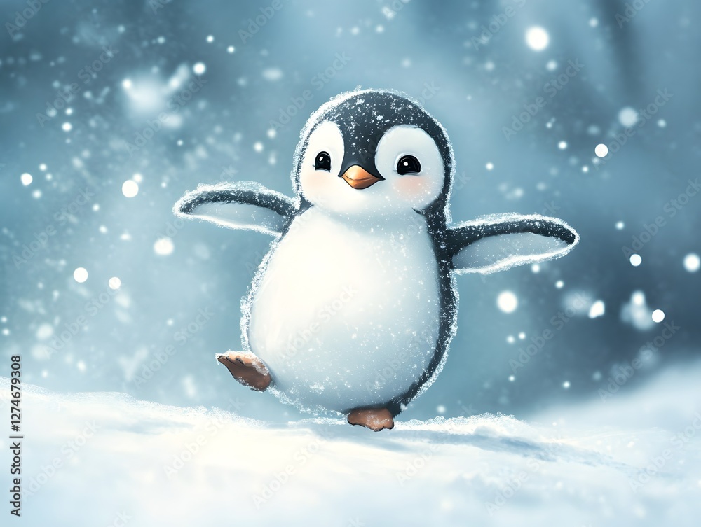 A penguin waddling happily through the snow A penguin waddling happily through the snow