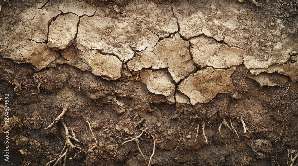A naturalistic artwork of a cracked earth surface with exposed roots and compacted soil layers